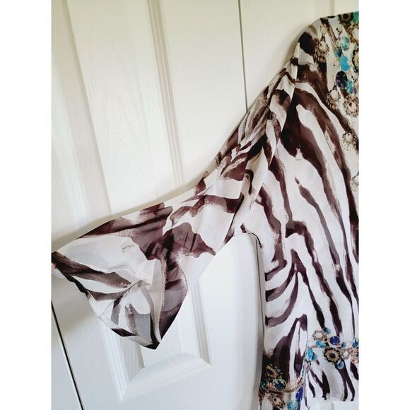 Chicos 1 Sheer V~Neck Top Animal Print‎ w/Brown &  Turquoise Border Jewel Design - Picture 3 of 6